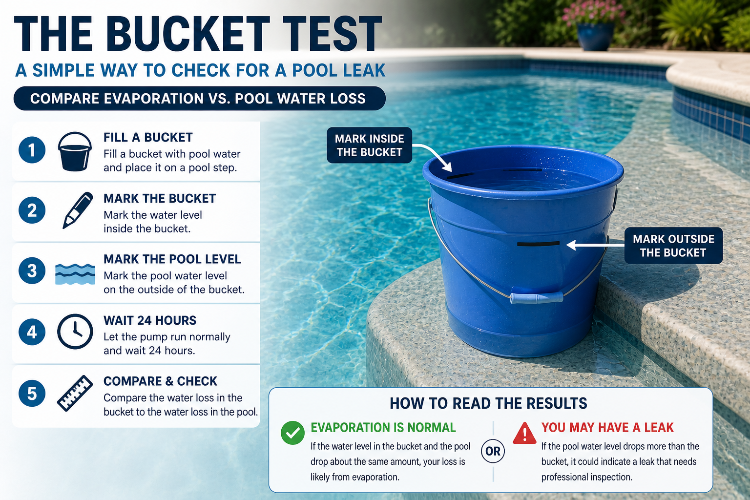 Pool bucket test for leak or evaporation in Lafayette LA
