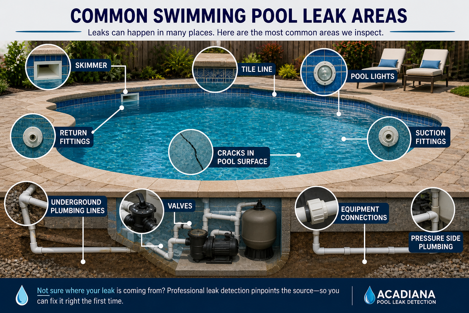 Common swimming pool leak areas including skimmer plumbing light and fittings