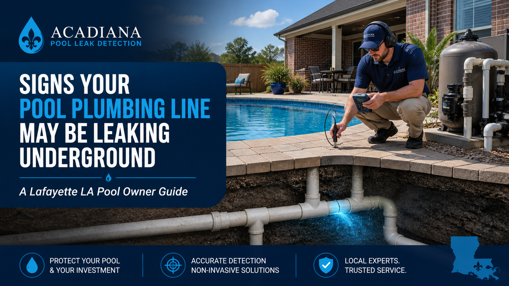 Signs of underground pool plumbing leak in Lafayette LA