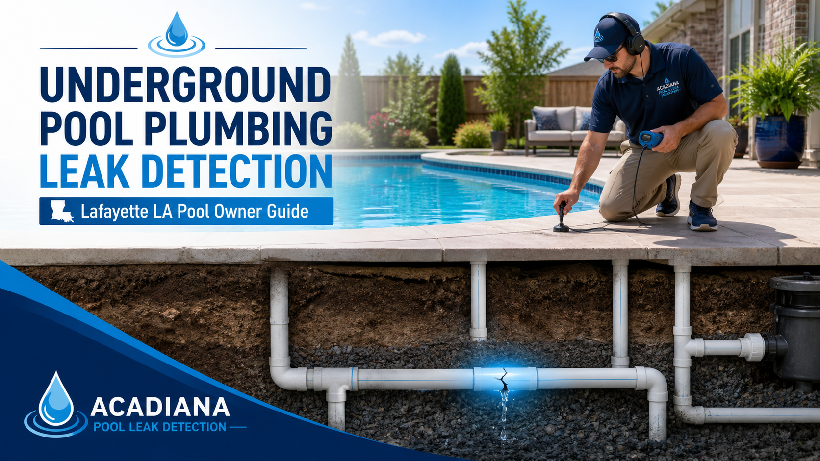 Underground pool plumbing leak detection near Lafayette LA